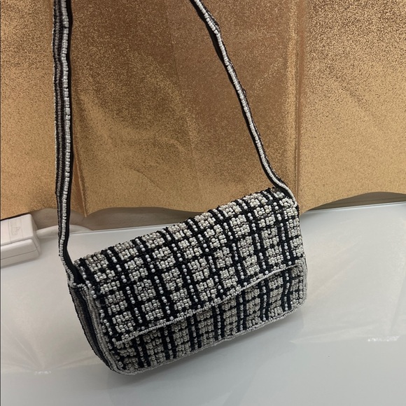 Anthropologie Handbags - Anthropologie Black and White Beaded Shoulder Bag